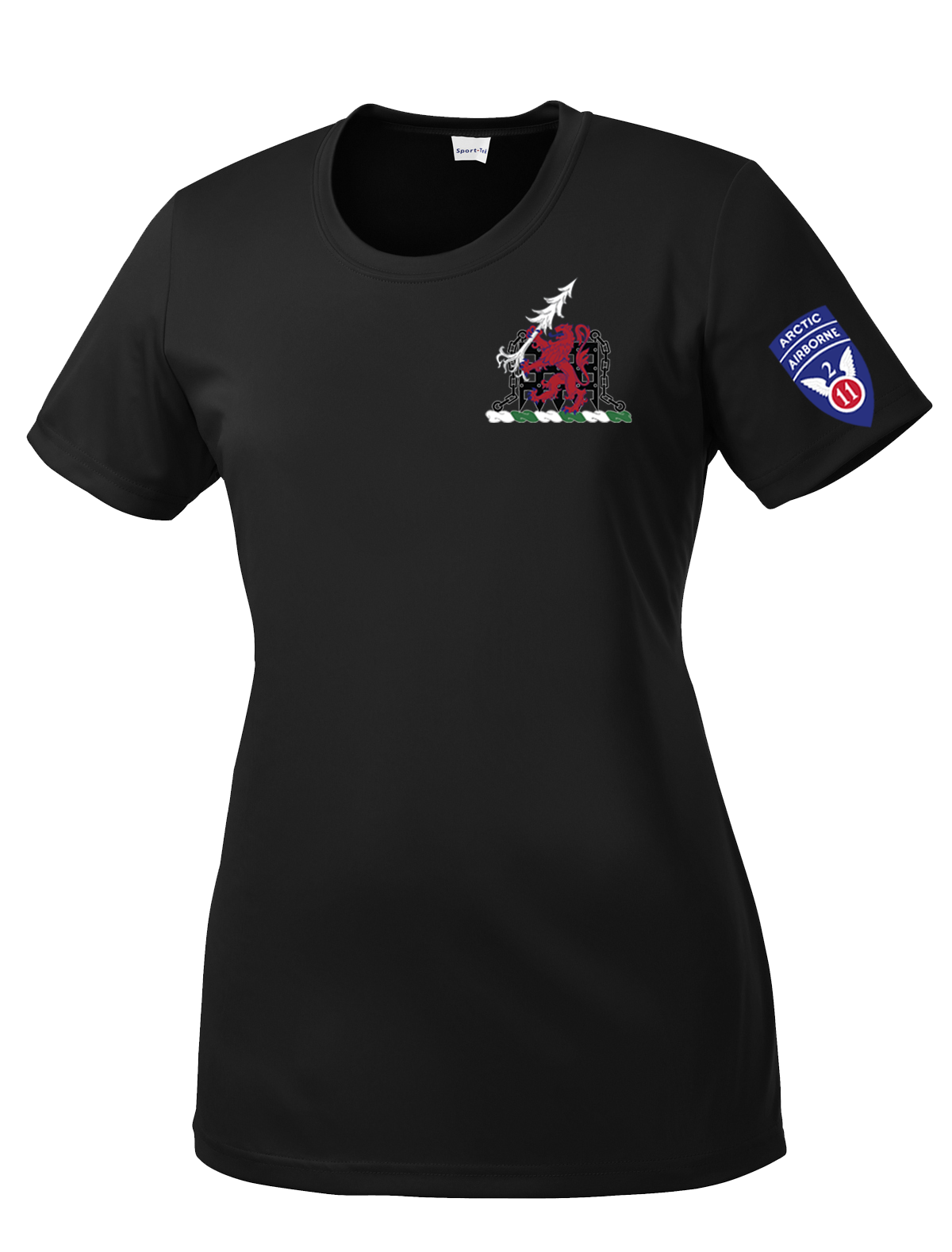 1-40th CAV with Griffin Design on Left Chest Ladies Competitor Tee with 2-11 Airborne Div on the Left Sleeve