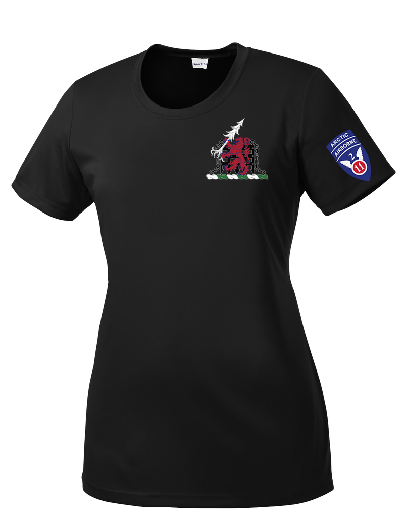 1-40th CAV with Griffin Design on Left Chest Ladies Competitor Tee with 2-11 Airborne Div on the Left Sleeve