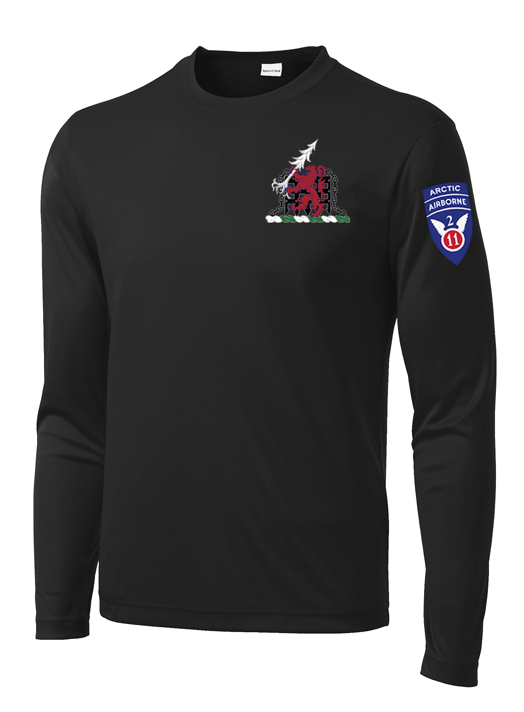 1-40th CAV with Griffin Design on Left Chest Long Sleeve Competitor Tee with 2-11 Airborne Div on the Left Sleeve