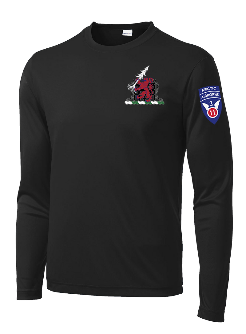 1-40th CAV with Griffin Design on Left Chest Long Sleeve Competitor Tee with 2-11 Airborne Div on the Left Sleeve