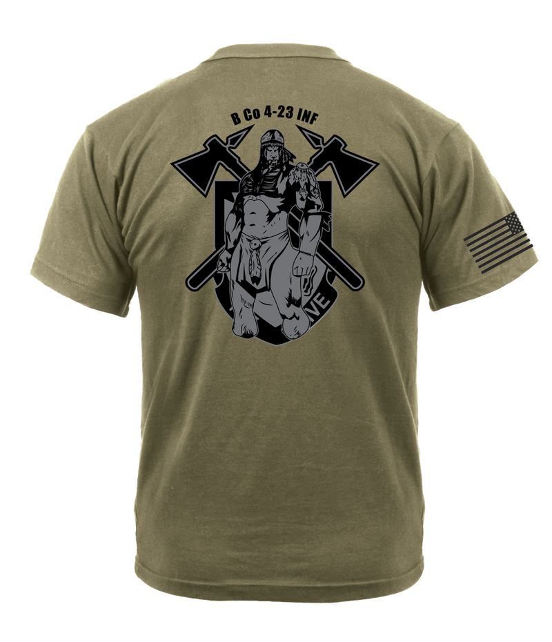 Bravo Company 4-23 Infantry AR 670-1 Coyote Brown T-Shirt with Black Lettering & Black Right Sleeve Flag