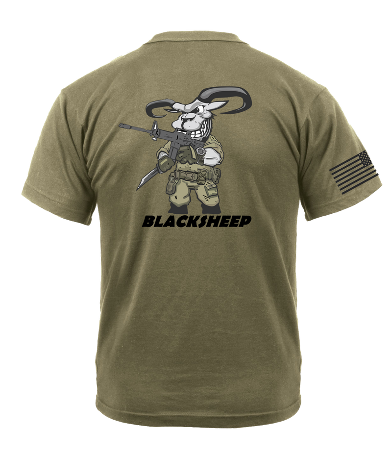 Bravo Company 4-23 Infantry "BLACKSHEEP PLATOON" AR 670-1 Coyote Brown T-Shirt with Black Lettering & Black Right Sleeve Flag