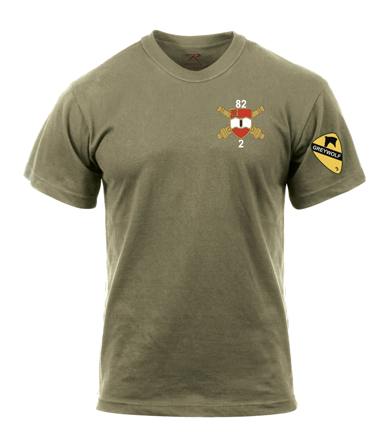 Bravo Battery 2-82 FA AR 670-1 Coyote Brown T-Shirt with Greywolf on Left Sleeve