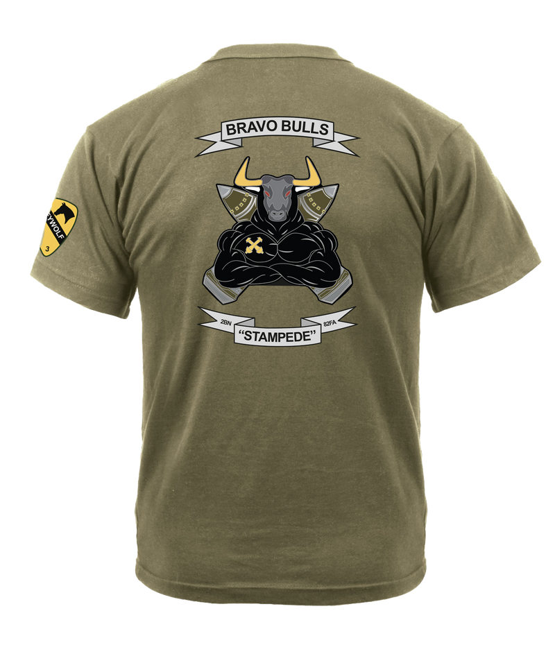 Bravo Battery 2-82 FA AR 670-1 Coyote Brown T-Shirt with Greywolf on Left Sleeve