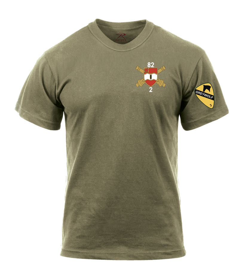 Bravo Battery 2-82 FA AR 670-1 Coyote Brown T-Shirt with Greywolf on Left Sleeve