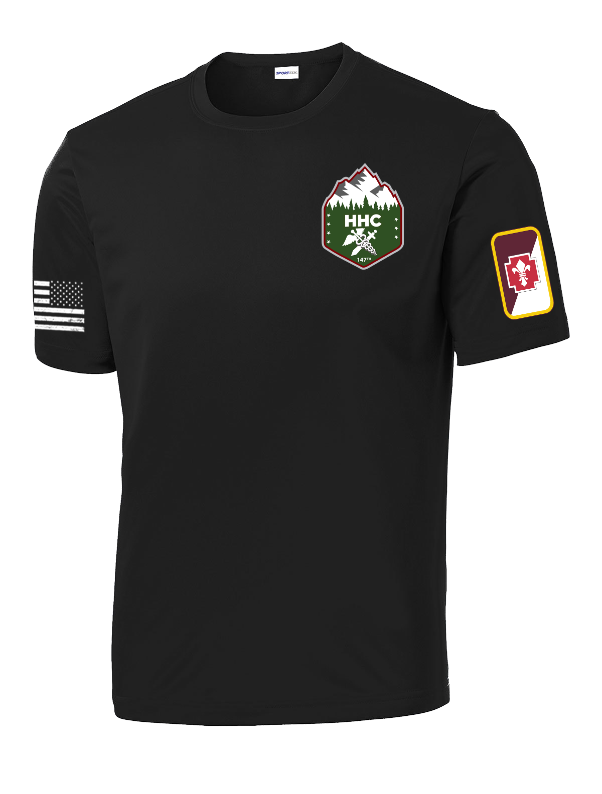 147th Field Hospital 1000 LB Club Competitor Tee with Flag with Two Sleeve Print