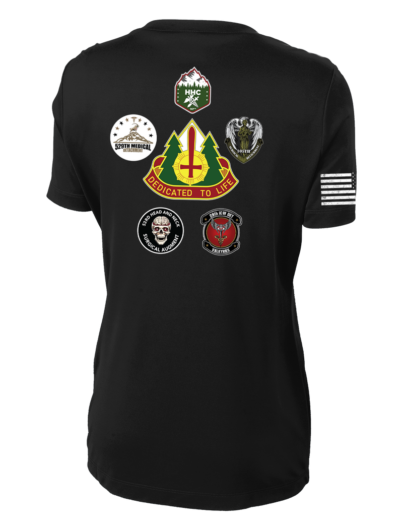 147th Field Hospital Ladies Competitor Tee with Flag with Effects on the Right Sleeve