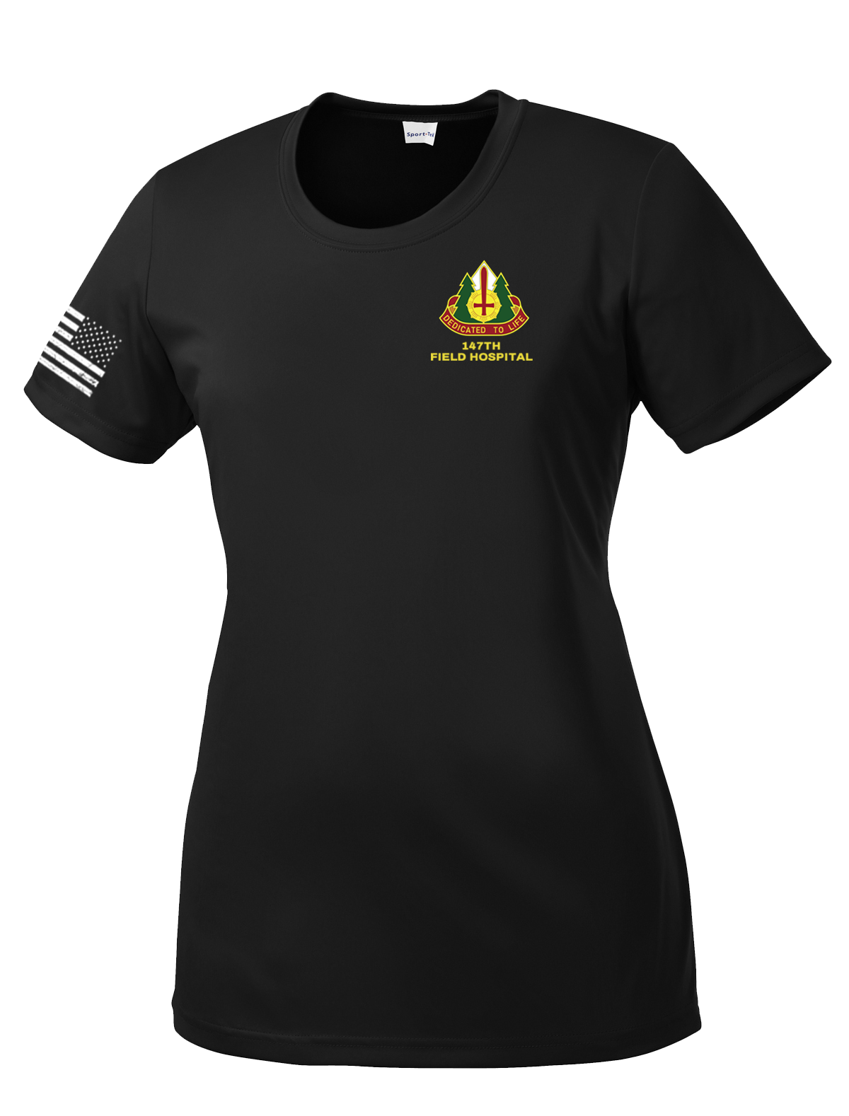 147th Field Hospital Ladies Competitor Tee with Flag with Effects on the Right Sleeve
