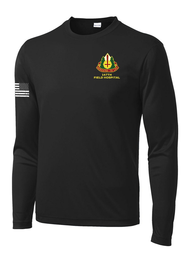 147th Field Hospital Long Sleeve Competitor Tee with Flag with Effects on Right Sleeve