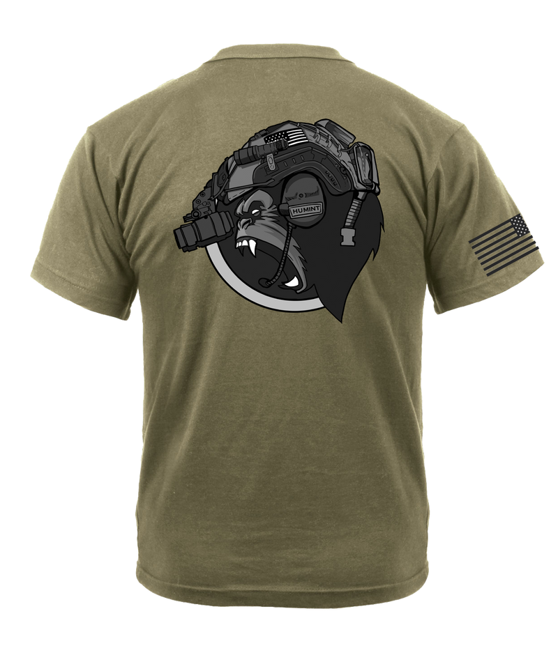 HUMINT PLT C Co 502d IEW BN AR 670-1 Coyote Brown T-Shirt with Solid Black Flag on Right Sleeve