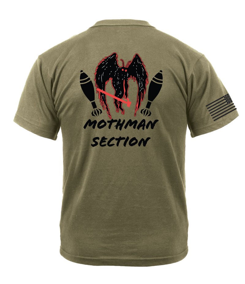 Bravo Company 4-23 Infantry "MOTHMAN SECTION" AR 670-1 Coyote Brown T-Shirt with Black Lettering & Black Right Sleeve Flag