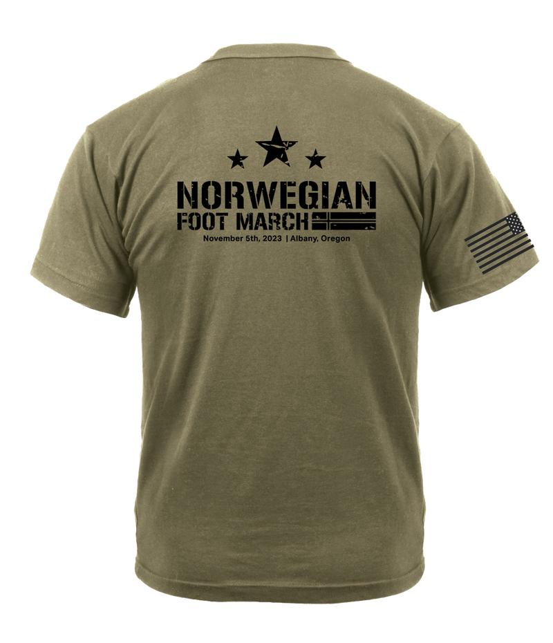 Norwegian Foot March AR 670-1 Coyote Brown T-Shirt with Solid Black Right Sleeve Flag