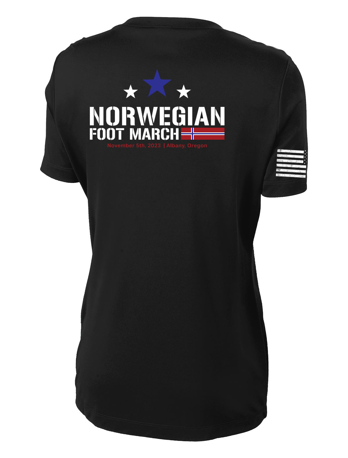 Norwegian Foot March Ladies Competitor Tee with Solid White Flag on Right Sleeve