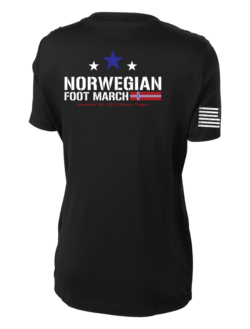 Norwegian Foot March Ladies Competitor Tee with Solid White Flag on Right Sleeve