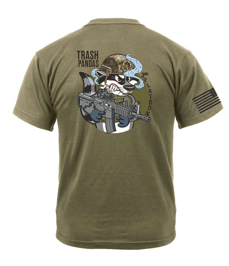 Bravo Company 4-23 Infantry "TRASH PANDAS" AR 670-1 Coyote Brown T-Shirt with Black Lettering & Black Right Sleeve Flag