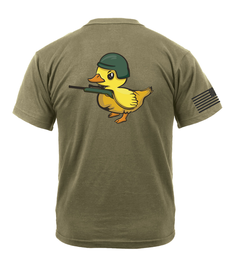 Bravo Company 4-23 Infantry "SNIPER DUCKS" AR 670-1 Coyote Brown T-Shirt with Black Lettering & Black Right Sleeve Flag