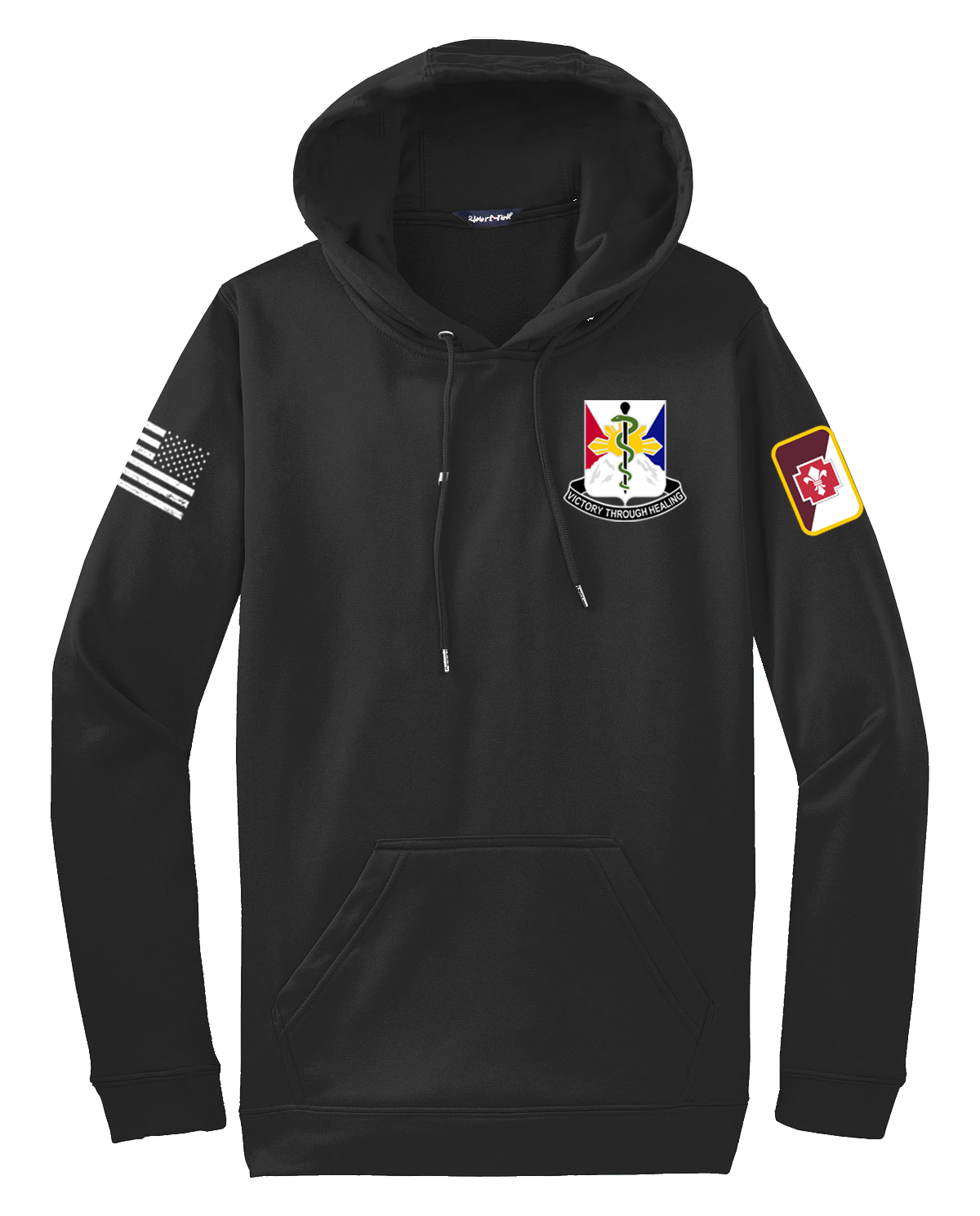 29th Hospital Center Fleece Hooded Pullover with a two sleeve print