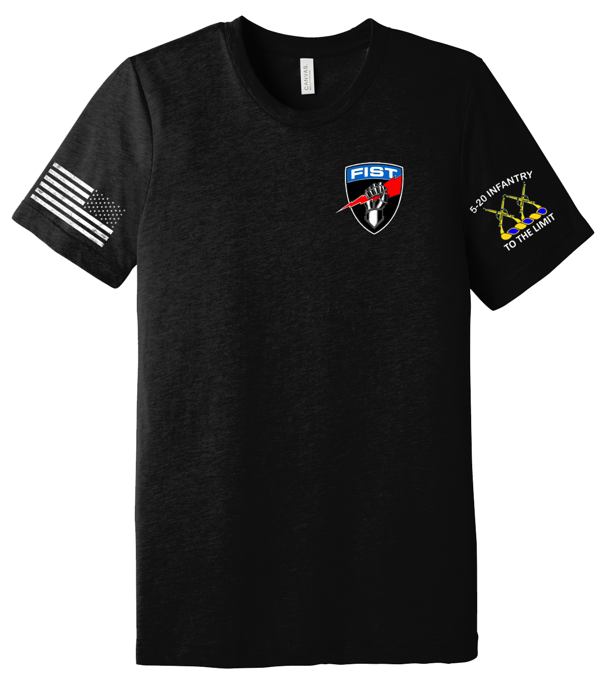FIST 5-20 IN Unisex Triblend Short Sleeve Tee with Solid White Flag on Right Sleeve and 5-20 IN Logo on Left Sleeve