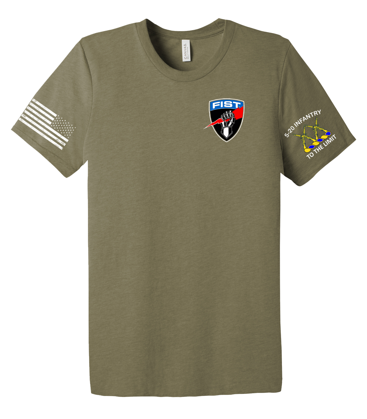 FIST 5-20 IN Unisex Triblend Short Sleeve Tee with Solid White Flag on Right Sleeve and 5-20 IN Logo on Left Sleeve