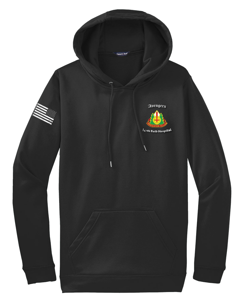 HHC 147th Field Hospital Fleece Hooded Pullover with Flag with Effects on Right Sleeve