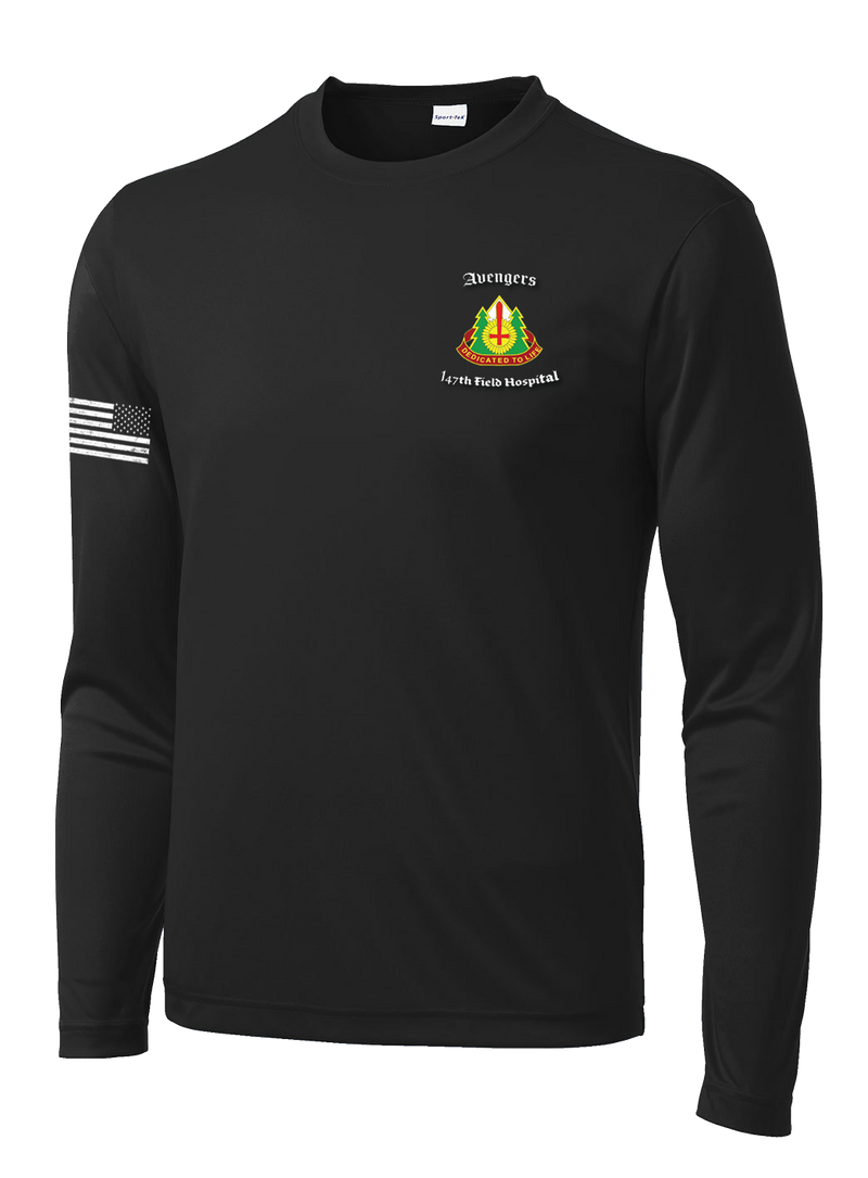 HHC 147th Field Hospital Long Sleeve Competitor Tee with Flag with Effects on Right Sleeve