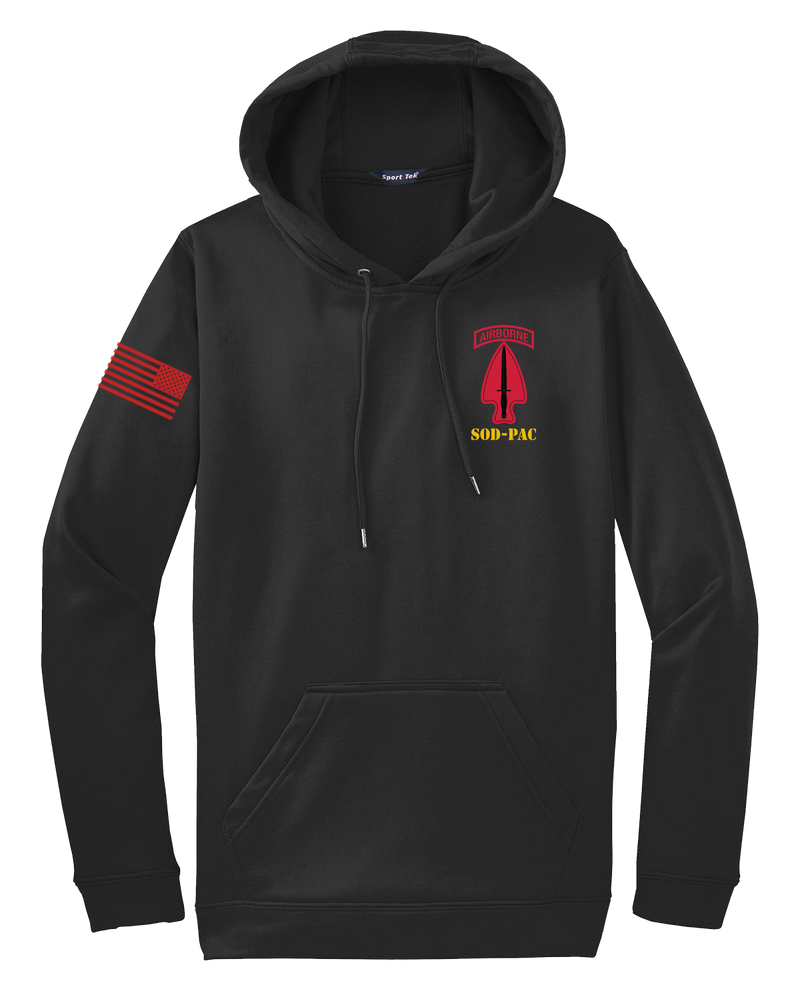 SODPAC Fleece Hooded Pullover with Solid Red Flag on Right Sleeve